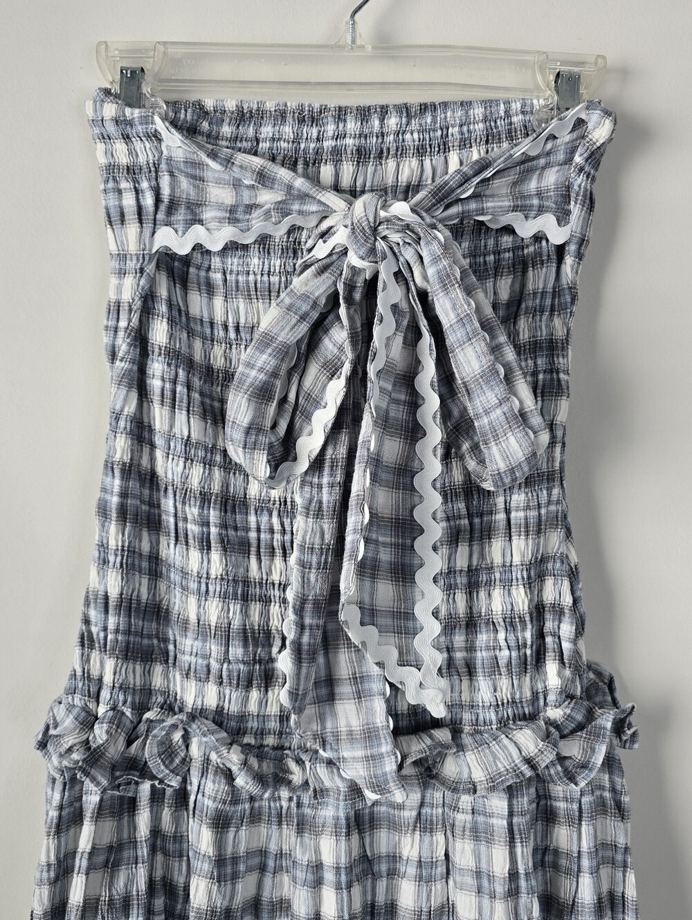 Peppermayo Malia Shirred Maxi Dress Blue Grey Check Plaid 8 Smocked Ruffles - Picture 4 of 14